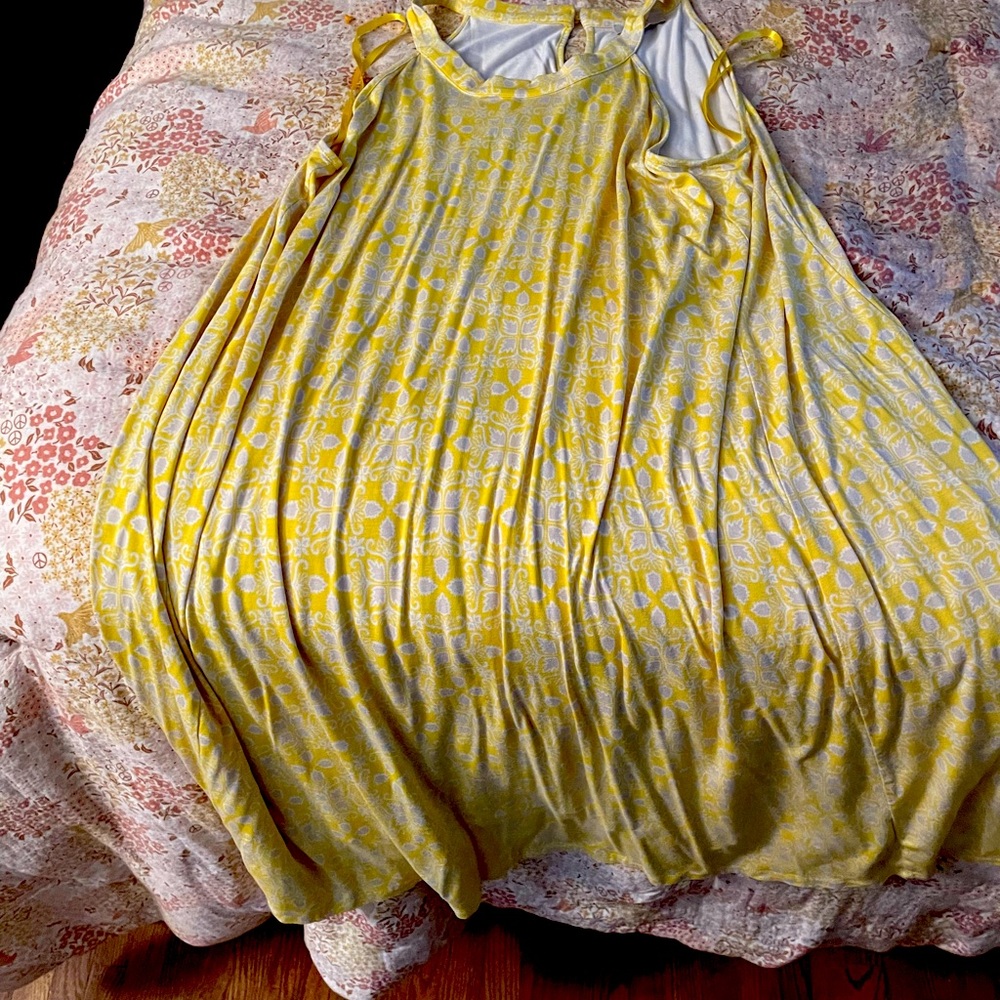 NWOT Loft High Neck Swing Dress in yellow geo design size XXL